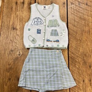 Vintage 90s Hartstrings Embroidered Sweater Vest and Matching Plaid Squirt